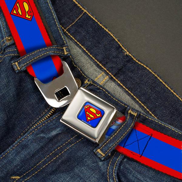 Buckle-Down Superman Full Color Blue Seatbelt Belt - Superman Shield/Stripe Red/Blue Webbing