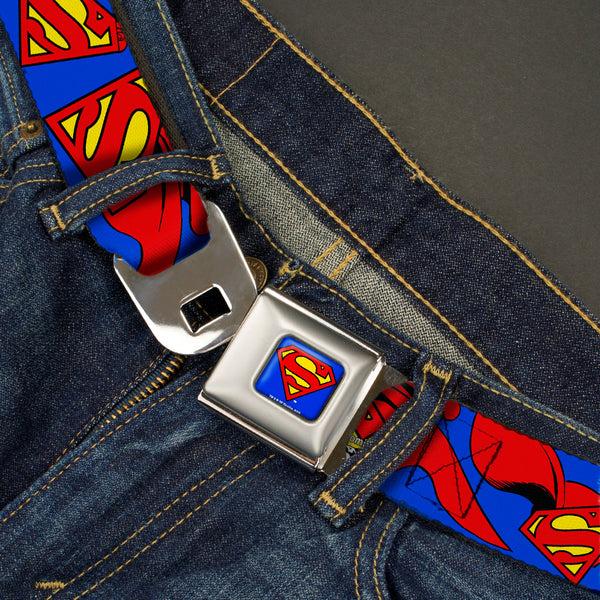 Buckle-Down Superman Full Color Blue Seatbelt Belt - Superman Shield W/Cape Webbing