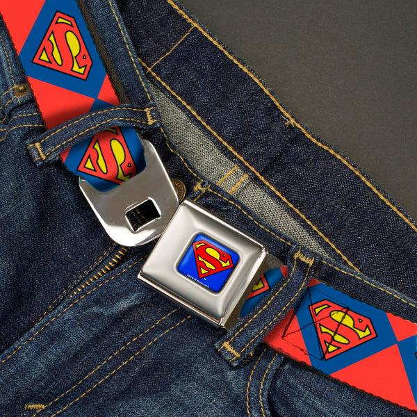 Buckle-Down Superman Full Color Blue Seatbelt Belt - Superman Shield Diamond Outline Red/Blue/Yellow Webbing
