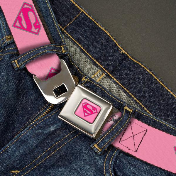 Buckle-Down Superman Full Color Pink Seatbelt Belt - Superman Shield Pink Webbing