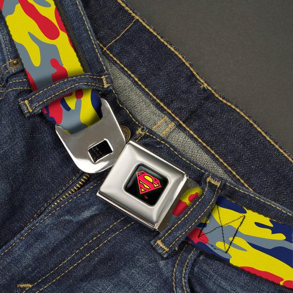 Buckle-Down Superman Shadow Shield Full Color Black/Red/Yellow Seatbelt Belt - Superman Camo Yellow/Red/Blue/Gray Webbing