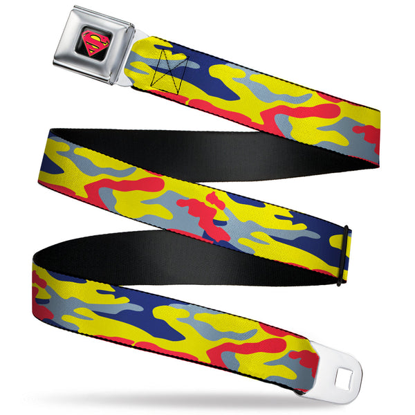 Buckle-Down Superman Shadow Shield Full Color Black/Red/Yellow Seatbelt Belt - Superman Camo Yellow/Red/Blue/Gray Webbing