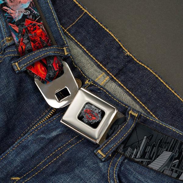 Buckle-Down Superman Shield Comics Scenes Stacked Full Color Black Grays Red Seatbelt Belt - New 52 SUPERMAN Poses/Shield/Comic Scenes Stacked Webbing