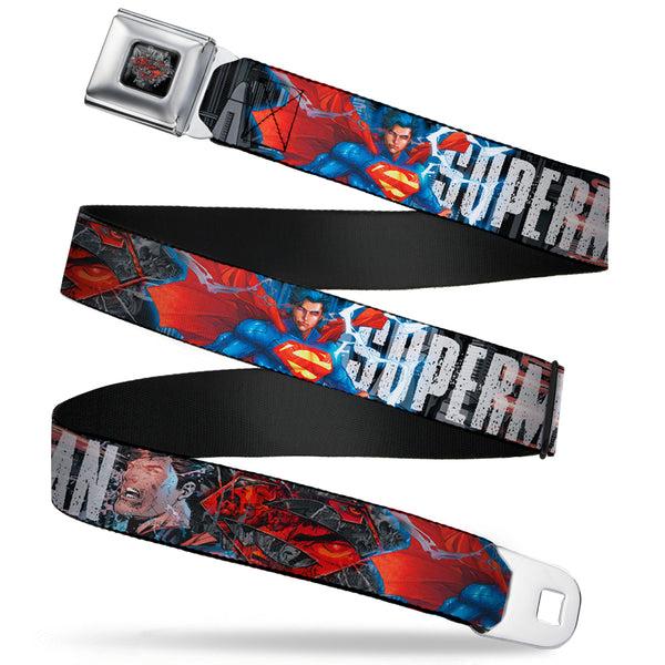 Buckle-Down Superman Shield Comics Scenes Stacked Full Color Black Grays Red Seatbelt Belt - New 52 SUPERMAN Poses/Shield/Comic Scenes Stacked Webbing