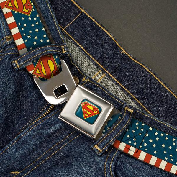Buckle-Down Superman Shield Full Color Americana Blue Seatbelt Belt - Superman Shield Americana Red/White/Blue/Yellow Webbing