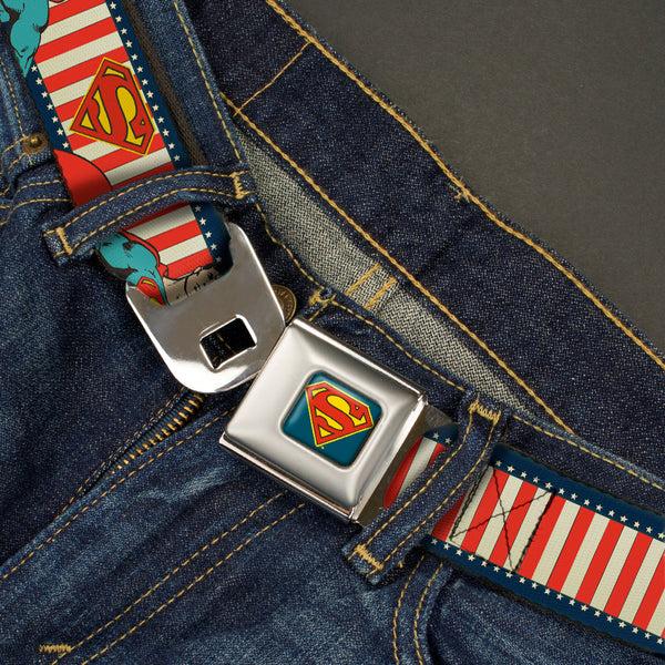 Buckle-Down Superman Shield Full Color Americana Blue Seatbelt Belt - Superman Pose/Shield Americana Blue/White/Red/White Webbing