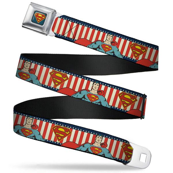 Buckle-Down Superman Shield Full Color Americana Blue Seatbelt Belt - Superman Pose/Shield Americana Blue/White/Red/White Webbing