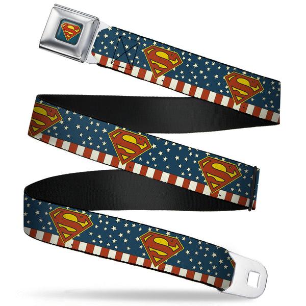 Buckle-Down Superman Shield Full Color Americana Blue Seatbelt Belt - Superman Shield Americana Red/White/Blue/Yellow Webbing