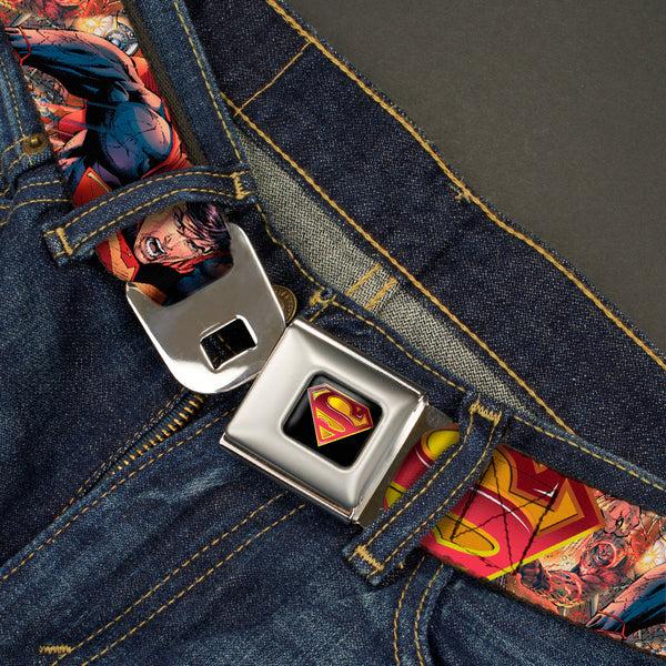 Buckle-Down Superman Shield Full Color Black Golds Reds White Seatbelt Belt - Superman Unchained Explosion Action Pose/Wraith/Shield Golds/Reds Webbing