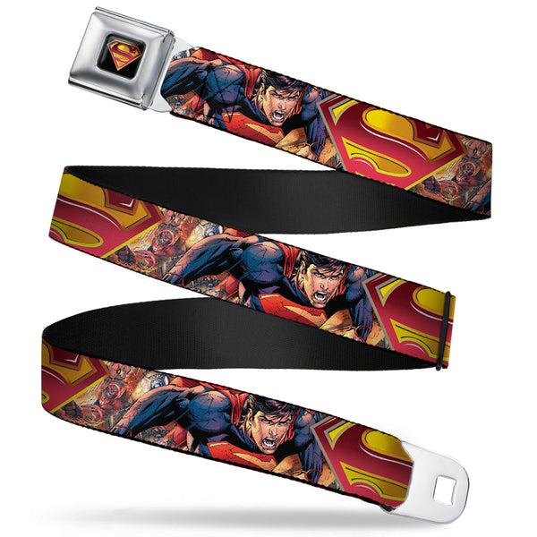 Buckle-Down Superman Shield Full Color Black Golds Reds White Seatbelt Belt - Superman Unchained Explosion Action Pose/Wraith/Shield Golds/Reds Webbing