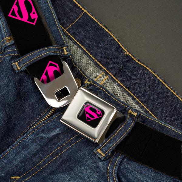 Buckle-Down Superman Shield Full Color Black Hot Pink Seatbelt Belt - Superman Shield Black/Hot Pink Webbing