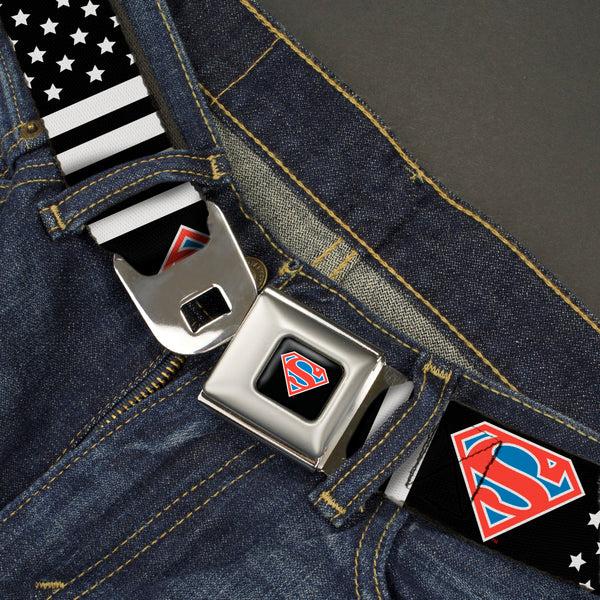 Buckle-Down Superman Shield Full Color Black/White/Red/Blue Seatbelt Belt - Superman Shield Americana Stars And Stripes Black/White/Red/Blue Webbing