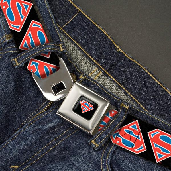 Buckle-Down Superman Shield Full Color Black/White/Red/Blue Seatbelt Belt - Superman Shield Flip Americana Black/White/Red/Blue Webbing