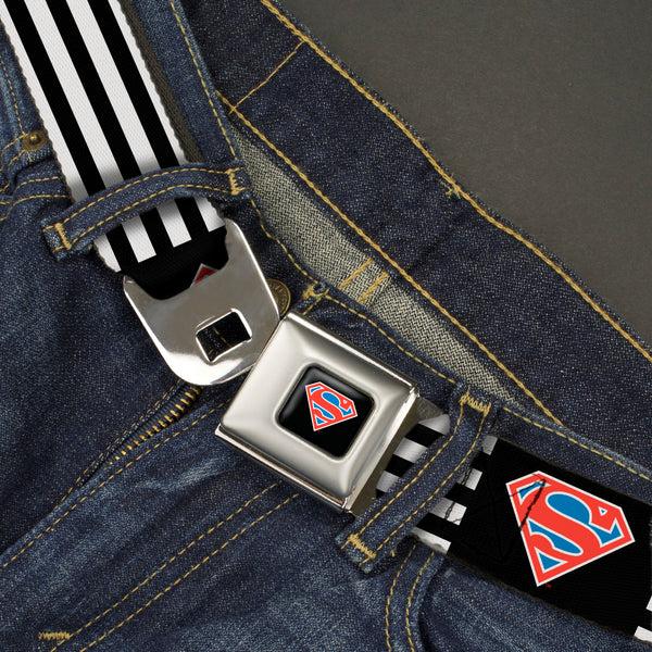 Buckle-Down Superman Shield Full Color Black/White/Red/Blue Seatbelt Belt - Superman Shield Flip Americana Stripes Black/White/Red/Blue Webbing