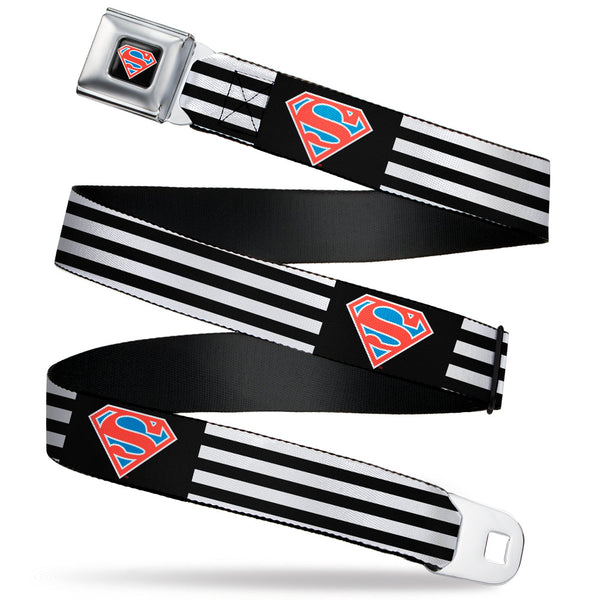 Buckle-Down Superman Shield Full Color Black/White/Red/Blue Seatbelt Belt - Superman Shield Flip Americana Stripes Black/White/Red/Blue Webbing
