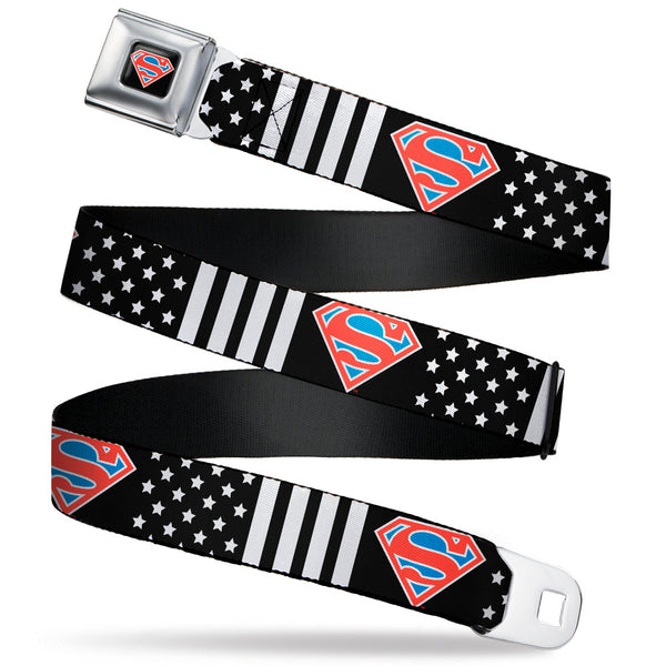 Buckle-Down Superman Shield Full Color Black/White/Red/Blue Seatbelt Belt - Superman Shield Americana Stars and Stripes Black/White/Red/Blue Webbing