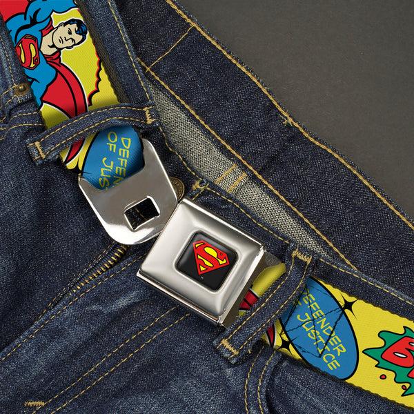 Buckle-Down Superman Shield Logo Full Color Black Seatbelt Belt - SUPERMAN Pose Quotes And Icons Collage Yellow/Multi Color Webbing