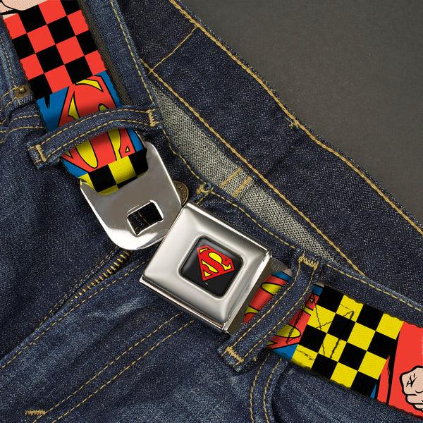 Buckle-Down Superman Shield Logo Full Color Black Seatbelt Belt - Superman Character Close-Up And Checker Blocks Multi Color Webbing