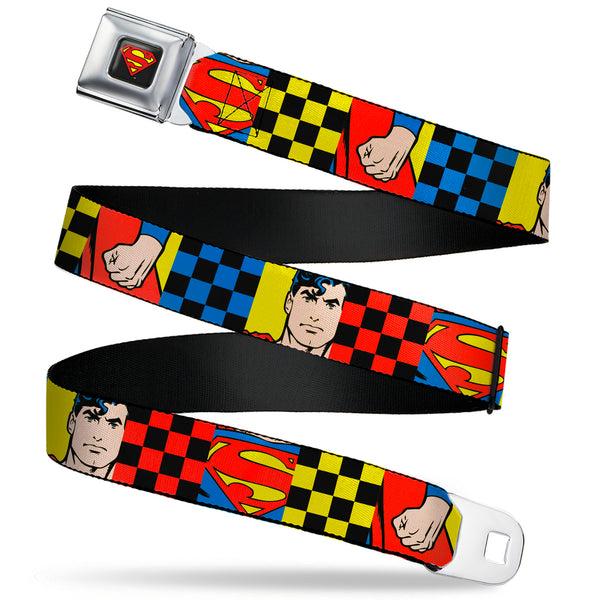 Buckle-Down Superman Shield Logo Full Color Black Seatbelt Belt - Superman Character Close-Up and Checker Blocks Multi Color Webbing