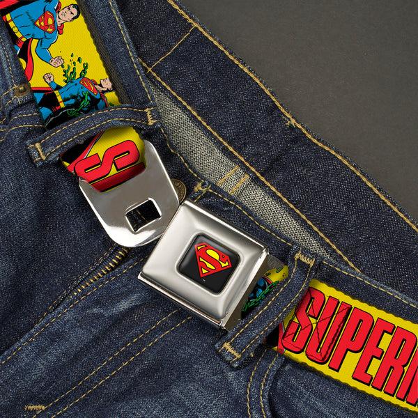 Buckle-Down Superman Shield Logo Full Color Black Seatbelt Belt - SUPERMAN Action Poses And Text Yellow/Red Webbing