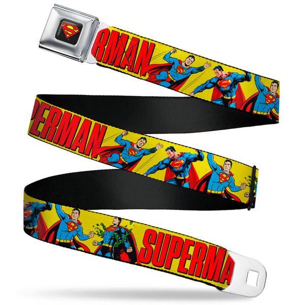 Buckle-Down Superman Shield Logo Full Color Black Seatbelt Belt - SUPERMAN Action Poses and Text Yellow/Red Webbing