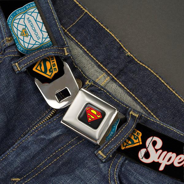 Buckle-Down Superman Shield Logo Full Color Black Seatbelt Belt - SUPERMAN Icons And Text Collage Black/Multi Color Webbing