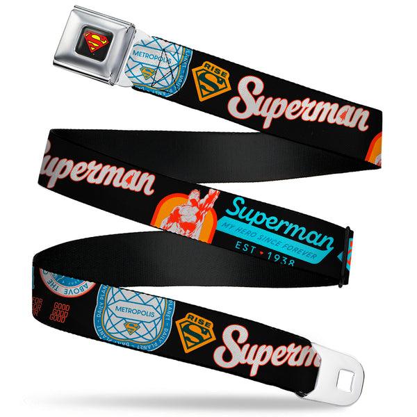 Buckle-Down Superman Shield Logo Full Color Black Seatbelt Belt - SUPERMAN Icons and Text Collage Black/Multi Color Webbing