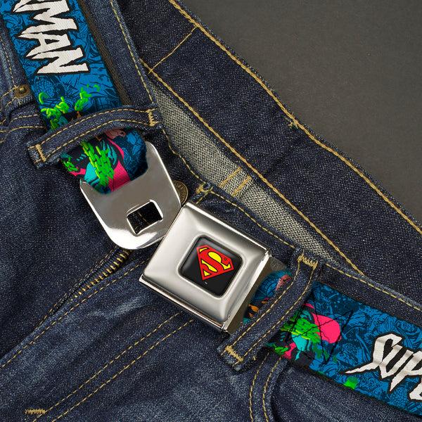 Buckle-Down Superman Shield Logo Full Color Black Seatbelt Belt - SUPERMAN Breaking Chains Force For Good Pose And Text Blues Webbing