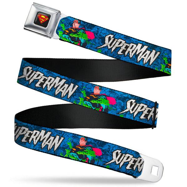 Buckle-Down Superman Shield Logo Full Color Black Seatbelt Belt - SUPERMAN Breaking Chains Force for Good Pose and Text Blues Webbing