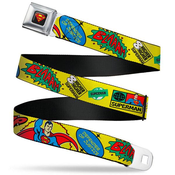 Buckle-Down Superman Shield Logo Full Color Black Seatbelt Belt - SUPERMAN Pose Quotes and Icons Collage Yellow/Multi Color Webbing