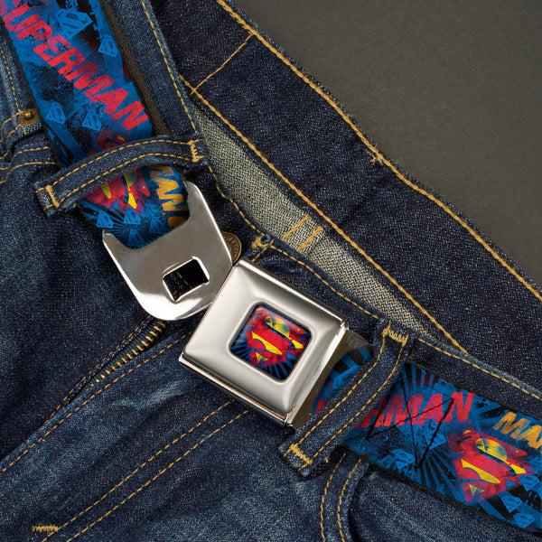 Buckle-Down Superman Shield Rays Full Color Black Blue Red Yellow Seatbelt Belt - SUPERMAN MAN OF STEEL Shield Collage/Rays Black/Blues/Reds/Yellows Webbing