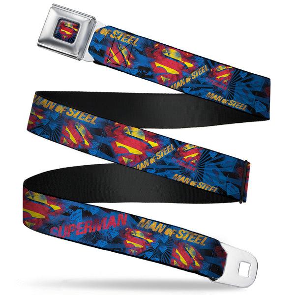 Buckle-Down Superman Shield Rays Full Color Black Blue Red Yellow Seatbelt Belt - SUPERMAN MAN OF STEEL Shield Collage/Rays Black/Blues/Reds/Yellows Webbing