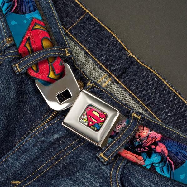 Buckle-Down Superman Shield Weathered Full Color Blue Red Yellow Seatbelt Belt - Superman Unchained Under Sea Pose/Shield Blues/Gray/Red/Yellow Webbing