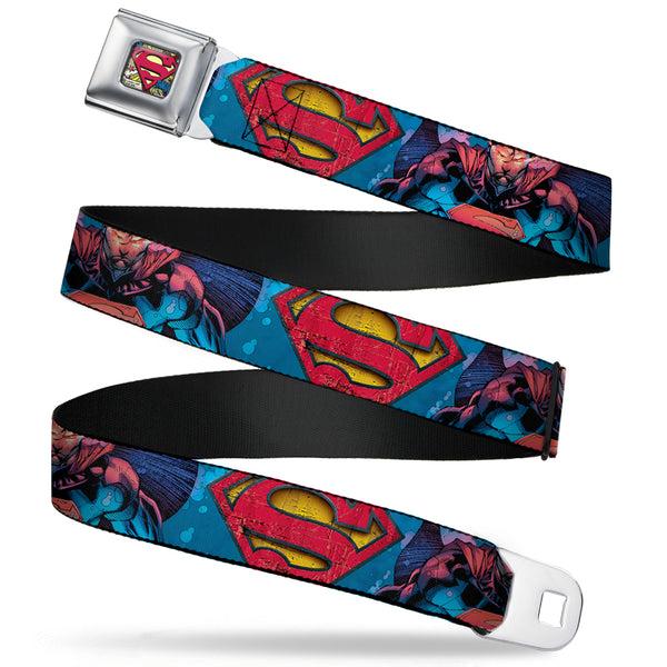 Buckle-Down Superman Shield Weathered Full Color Blue Red Yellow Seatbelt Belt - Superman Unchained Under Sea Pose/Shield Blues/Gray/Red/Yellow Webbing