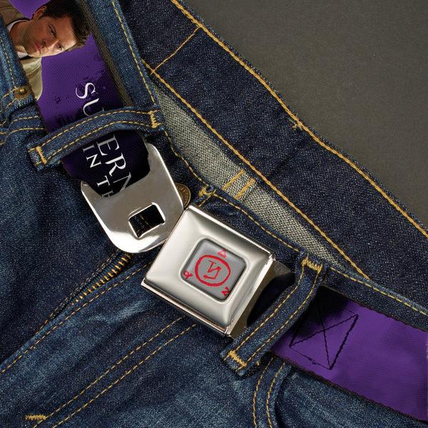 Buckle-Down Supernatural Angel Banishing Symbol Full Color White Red Seatbelt Belt - SUPERNATURAL-PROTECTED BY CASTIEL/Pose Black/Purple/White Webbing