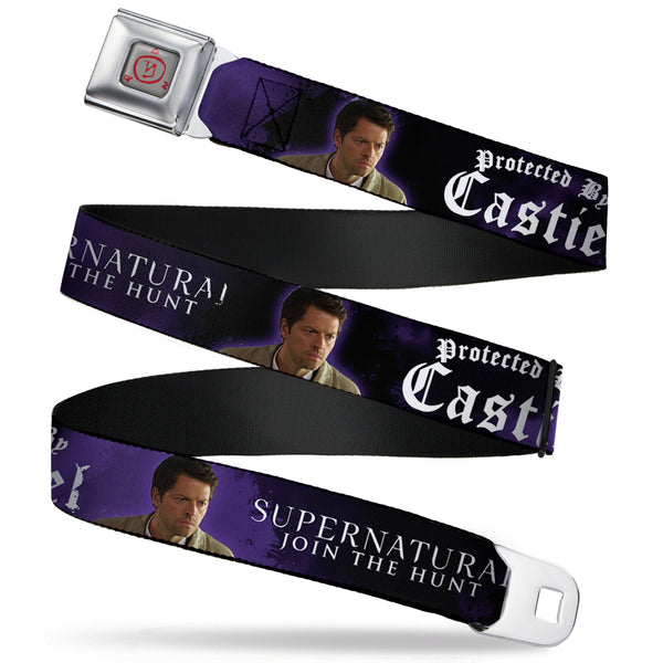 Buckle-Down Supernatural Angel Banishing Symbol Full Color White Red Seatbelt Belt - SUPERNATURAL-PROTECTED BY CASTIEL/Pose Black/Purple/White Webbing