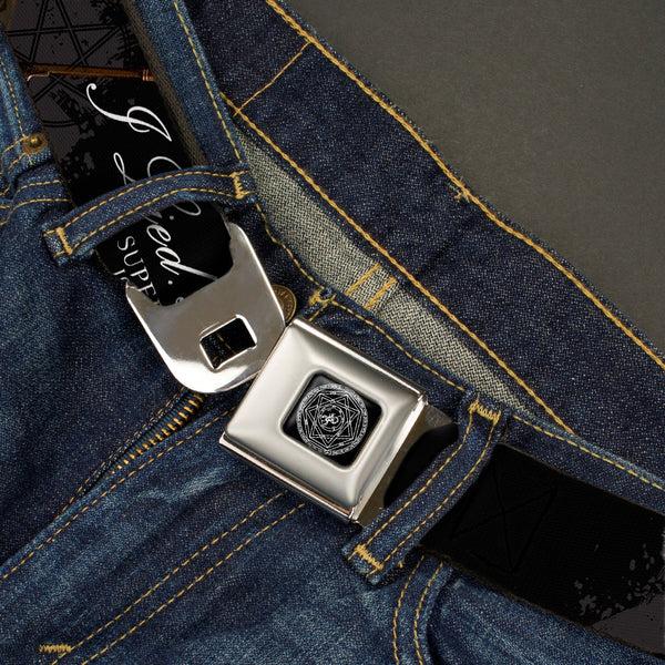 Buckle-Down Supernatural Devil's Trap Symbol Full Color Black White Seatbelt Belt - Crowley Pose I LIED- I DO THAT/Pentagram Black/Grays/White Webbing