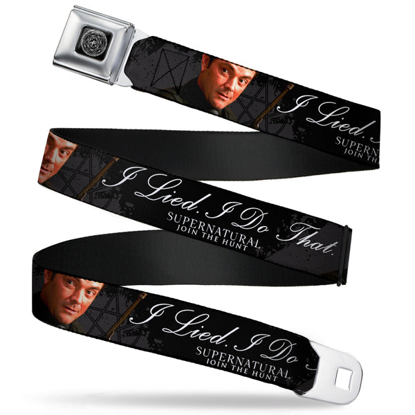 Buckle-Down Supernatural Devil's Trap Symbol Full Color Black White Seatbelt Belt - Crowley Pose I LIED- I DO THAT/Pentagram Black/Grays/White Webbing