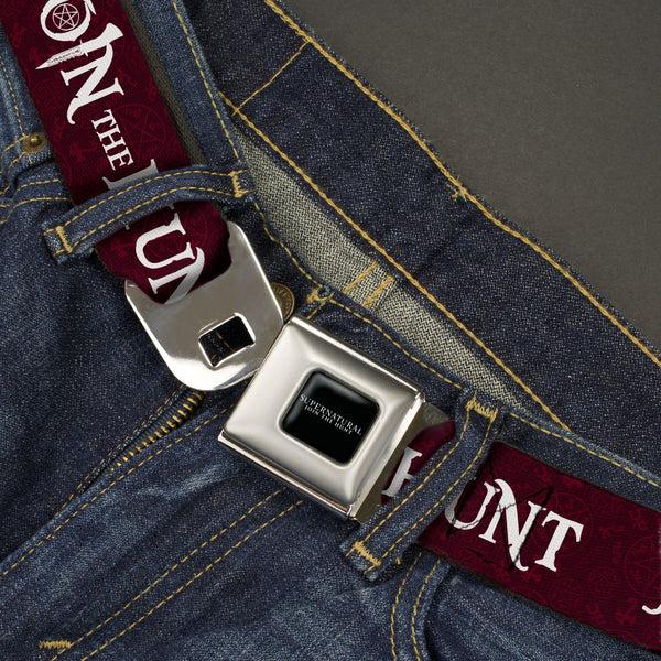 Buckle-Down SUPERNATURAL-JOIN THE HUNT Full Color Black/White Seatbelt Belt - Supernatural JOIN THE HUNT/Symbols Scattered Reds/White Webbing