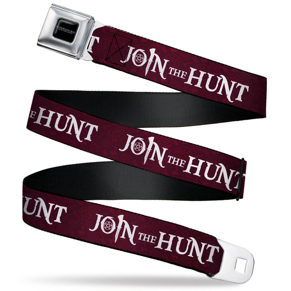 Buckle-Down SUPERNATURAL-JOIN THE HUNT Full Color Black/White Seatbelt Belt - Supernatural JOIN THE HUNT/Symbols Scattered Reds/White Webbing