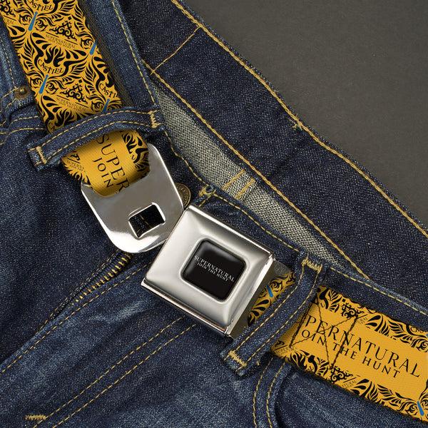 Buckle-Down SUPERNATURAL-JOIN THE HUNT Full Color Black/White Seatbelt Belt - SUPERNATURAL JOIN THE HUNT Title Logo And CASTIEL Wings Yellow/Black Webbing