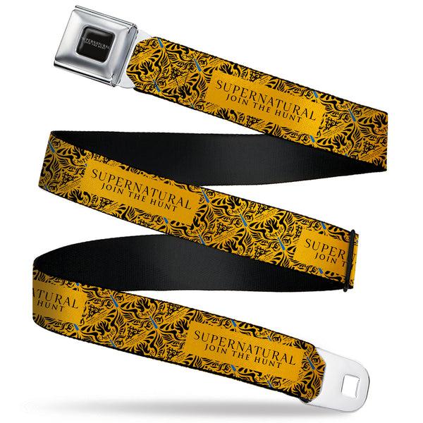 Buckle-Down SUPERNATURAL-JOIN THE HUNT Full Color Black/White Seatbelt Belt - SUPERNATURAL JOIN THE HUNT Title Logo and CASTIEL Wings Yellow/Black Webbing