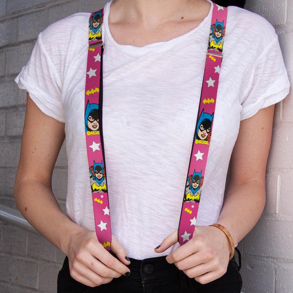 Buckle-Down Suspenders - 1.0" - BATGIRL Face Pose W Logo & Stars Pink White Yellow
