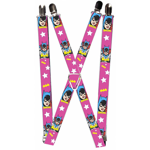 Buckle-Down Suspenders - 1.0" - BATGIRL Face Pose w Logo & Stars Pink White Yellow