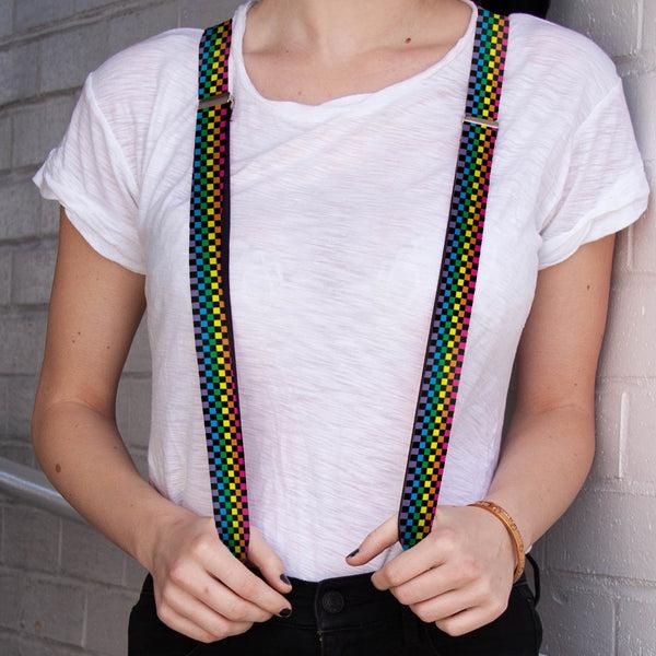 Buckle-Down Suspenders - 1.0" - Checker Black/Neon Rainbow