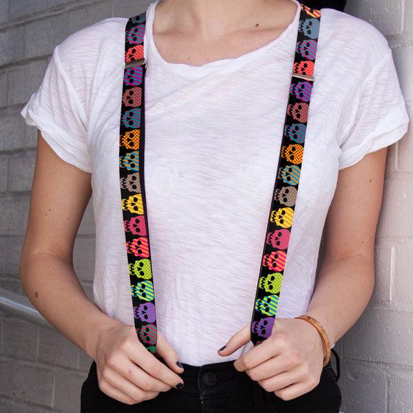 Buckle-Down Suspenders - 1.0" - Checker & Stripe Skulls Black/Multi Neon
