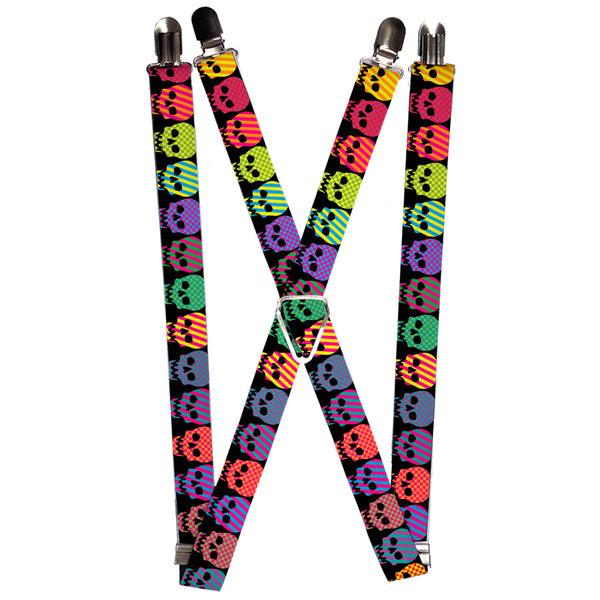 Buckle-Down Suspenders - 1.0" - Checker & Stripe Skulls Black/Multi Neon