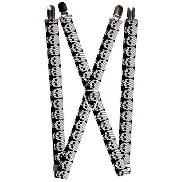 Buckle-Down Suspenders - 1.0" - Checker & Stripe Skulls Black/White/Gray