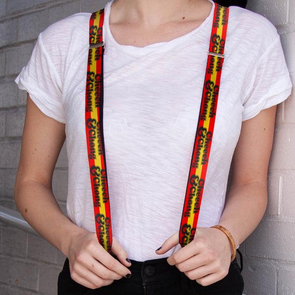 Buckle-Down Suspenders - 1.0" - CHEECH & CHONG Text Logo Stripe Red Yellow Black