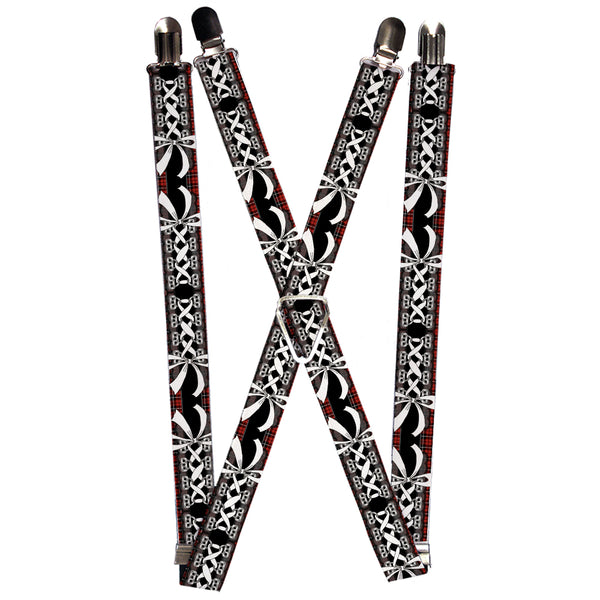 Buckle-Down Suspenders - 1.0" - Corset Lace Up w/Bow Red Plaid/Black